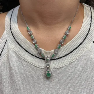 High-Icy White and Green Natural Jadeite Cabochon Necklace — S925 Silver · No. 18D0