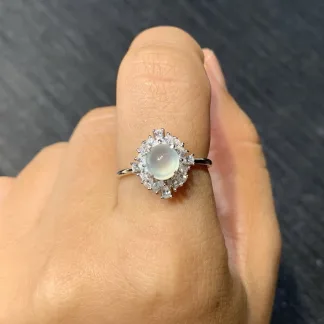 High-Icy Glowing Natural Jadeite Cabochon Ring — S925 Silver · No. 50E6