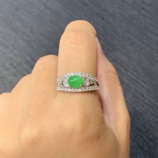 Icy Vivid Green Natural Jadeite Cabochon Ring — S925 Silver · No. 3E9E