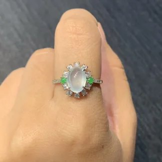 High-Icy Glowing Natural Jadeite Cabochon Ring — S925 Silver · No. BFDA