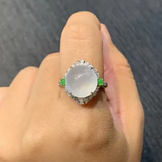 High-Icy Glowing Natural Jadeite Cabochon Ring — S925 Silver · No. 1CC1