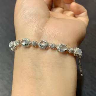 High-Icy Glowing Natural Jadeite Cabochon Bracelet — S925 Silver · No. 7867