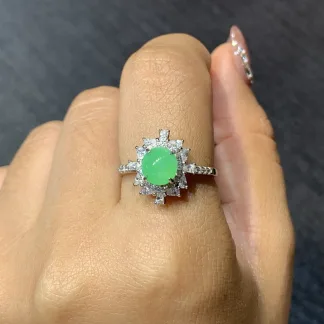 Icy Vivid Green Natural Jadeite Cabochon Ring — S925 Silver · No. E2FA