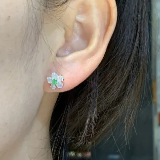 High-Icy Glowing Floral Natural Jadeite Cabochon Stud Earrings — S925 Silver · No. 4100
