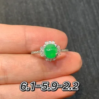 Icy Soft Vivid Green Natural Jadeite Cabochon Ring — S925 Silver · No. 9F16
