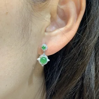 Icy Vivid Green Natural Jadeite Cabochon Drop Earrings — S925 Silver · No. 8196