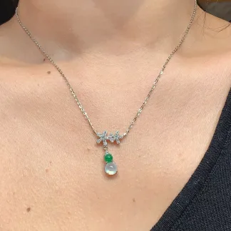 High-Icy Glowing Natural Jadeite Cabochon Necklace — S925 Silver · No. 57D9
