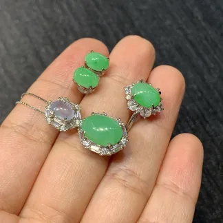 Icy Vivid Green Cabochon Natural Jadeite Three-Piece Cabochon Set — S925 Silver · No. 14D8