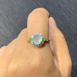 Icy Mottled Natural Jadeite Cabochon Ring — S925 Silver · No. 1804