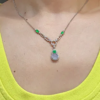 Icy Lavender and Vivid Green Natural Jadeite Cabochon Necklace — S925 Silver · No. 3D81