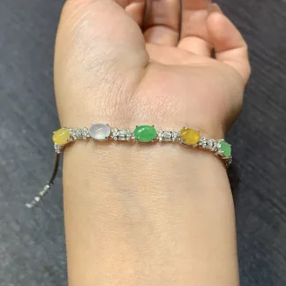 High-Icy Multicolor Natural Jadeite Cabochon Bracelet — S925 Silver · No. 6A9D