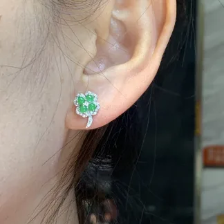 High-Icy Vivid Green Natural Jadeite Cabochon Stud Earrings — S925 Silver · No. 4C9F