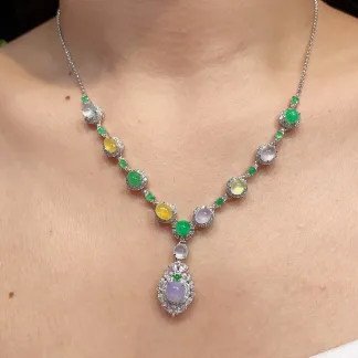 High-Icy Multicolor Natural Jadeite Cabochon Necklace — S925 Silver · No. 66F5