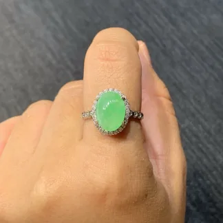 Icy Vivid Green Natural Jadeite Cabochon Ring — S925 Silver · No. A70E