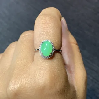Icy Soft Vivid Green Natural Jadeite Cabochon Ring — S925 Silver · No. 6DA4