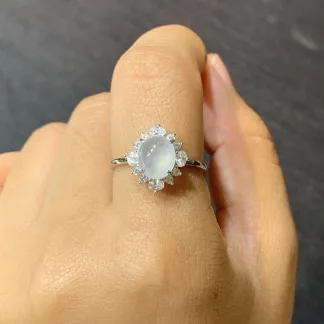 High-Icy Glowing Natural Jadeite Cabochon Ring — S925 Silver · No. 8908