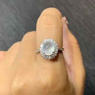 High-Icy Glowing Natural Jadeite Cabochon Ring — S925 Silver · No. B737