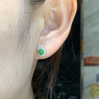 Icy Vivid Green Natural Jadeite Cabochon Stud Earrings — S925 Silver · No. 79A6