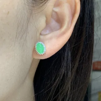 High-Icy Soft Vivid Green Natural Jadeite Cabochon Stud Earrings — S925 Silver · No. D8C3