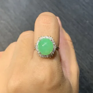Icy Vivid Green Natural Jadeite Cabochon Ring — S925 Silver · No. 3E08