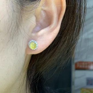 High-Icy Honey Yellow Natural Jadeite Cabochon Stud Earrings — S925 Silver · No. 6930