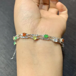 High-Icy Multicolor Natural Jadeite Cabochon Bracelet — S925 Silver · No. B5E5