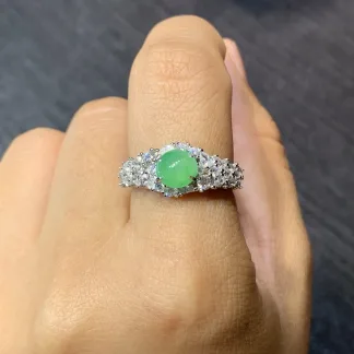 Icy Fresh Vivid Green Natural Jadeite Cabochon Ring — S925 Silver · No. E500