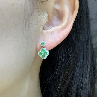 High-Icy Vivid Green Four-Leaf Clover Natural Jadeite Cabochon Drop Earrings — S925 Silver · No. AA1E