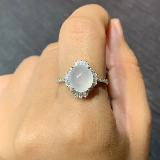Icy Glowing Natural Jadeite Cabochon Ring — S925 Silver · No. F9DC