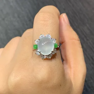 High-Icy Glowing Natural Jadeite Cabochon Ring — S925 Silver · No. 23F2