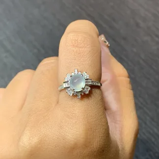 High-Icy Glowing Natural Jadeite Cabochon Ring — S925 Silver · No. 3E3A