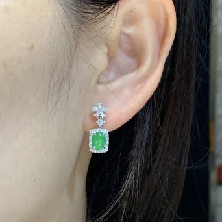 High-Icy Vivid Green Natural Jadeite Cabochon Drop Earrings — S925 Silver · No. B24E