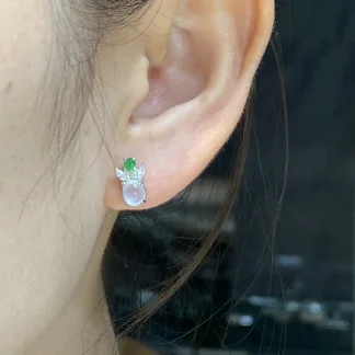 High-Icy Glowing White and Green Natural Jadeite Cabochon Stud Earrings — S925 Silver · No. 6776