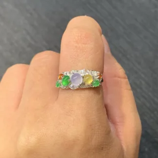 High-Icy Multicolor Natural Jadeite Cabochon Ring — S925 Silver · No. B4DD