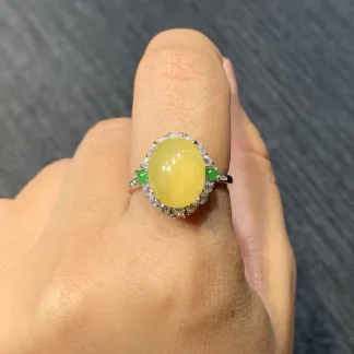 High-Icy Honey Yellow Natural Jadeite Cabochon Ring — S925 Silver · No. 070A