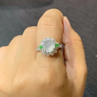 High-Icy Glowing Natural Jadeite Cabochon Ring — S925 Silver · No. 8C08