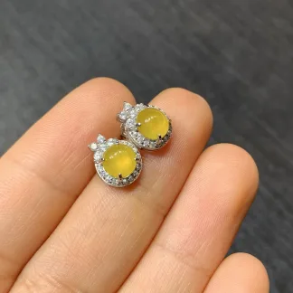 High-Icy Honey Yellow Natural Jadeite Cabochon Stud Earrings — S925 Silver · No. 30EC