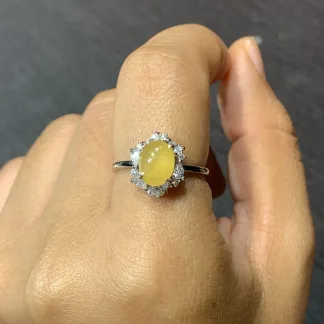 High-Icy Honey Yellow Natural Jadeite Cabochon Ring — S925 Silver · No. C05F