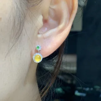 High-Icy Honey Yellow Natural Jadeite Cabochon Drop Earrings — S925 Silver · No. 2764