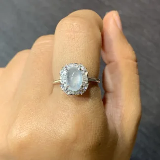High-Icy Glowing Natural Jadeite Cabochon Ring — S925 Silver · No. 263B