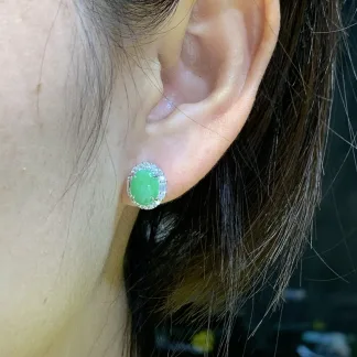 Icy Vivid Green Natural Jadeite Cabochon Stud Earrings — S925 Silver · No. 6556