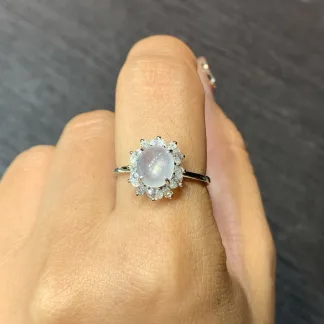 High-Icy Glowing Natural Jadeite Cabochon Ring — S925 Silver · No. D475