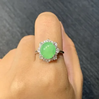 High-Icy Soft Vivid Green Natural Jadeite Cabochon Ring — S925 Silver · No. 1328