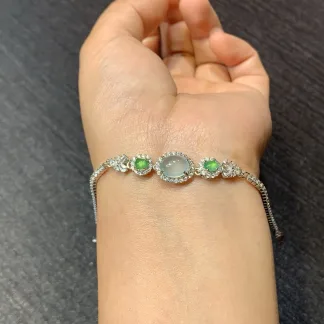 High-Icy Clear Natural Jadeite Cabochon Bracelet — S925 Silver · No. CBC2