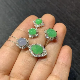 Icy Soft Vivid Green Natural Jadeite Cabochon Set — S925 Silver · No. B039