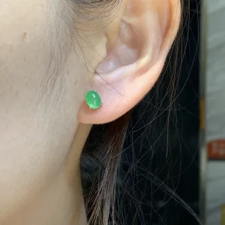 High-Icy Vivid Green Natural Jadeite Cabochon Stud Earrings — S925 Silver · No. 62FC