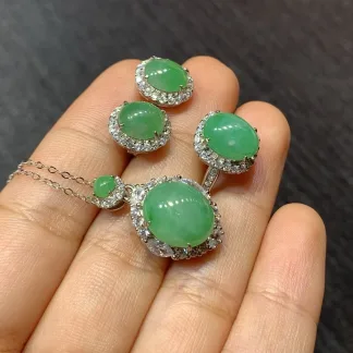 Green Natural Jadeite Cabochon Set — S925 Silver · No. 56AB