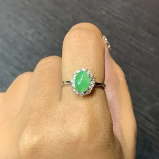 Icy Vivid Green Natural Jadeite Cabochon Ring — S925 Silver · No. D52D