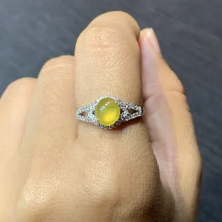 High-Icy Honey Yellow Natural Jadeite Cabochon Ring — S925 Silver · No. BD8A