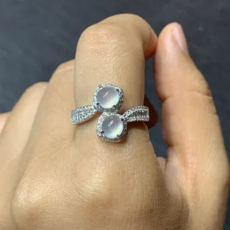 High-Icy Glowing Natural Jadeite Twin Cabochon Ring — S925 Silver · No. 6F8B